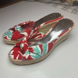 Jessica Simpson Daria Red Floral Hawaiian Open Toe Knot Wedge Espadrille Mules 8